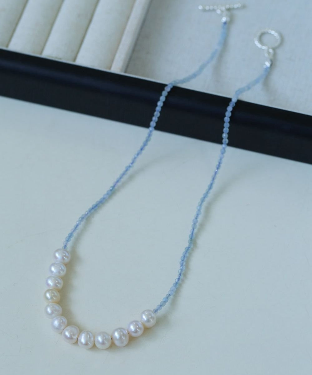 Aquamarine Smile Flat Round Pearl Beaded OT Necklace - floysun