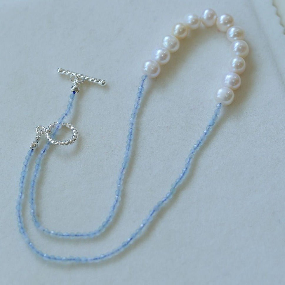 Aquamarine Smile Flat Round Pearl Beaded OT Necklace - floysun