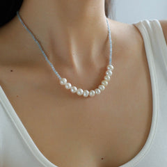 Aquamarine Smile Flat Round Pearl Beaded OT Necklace - floysun