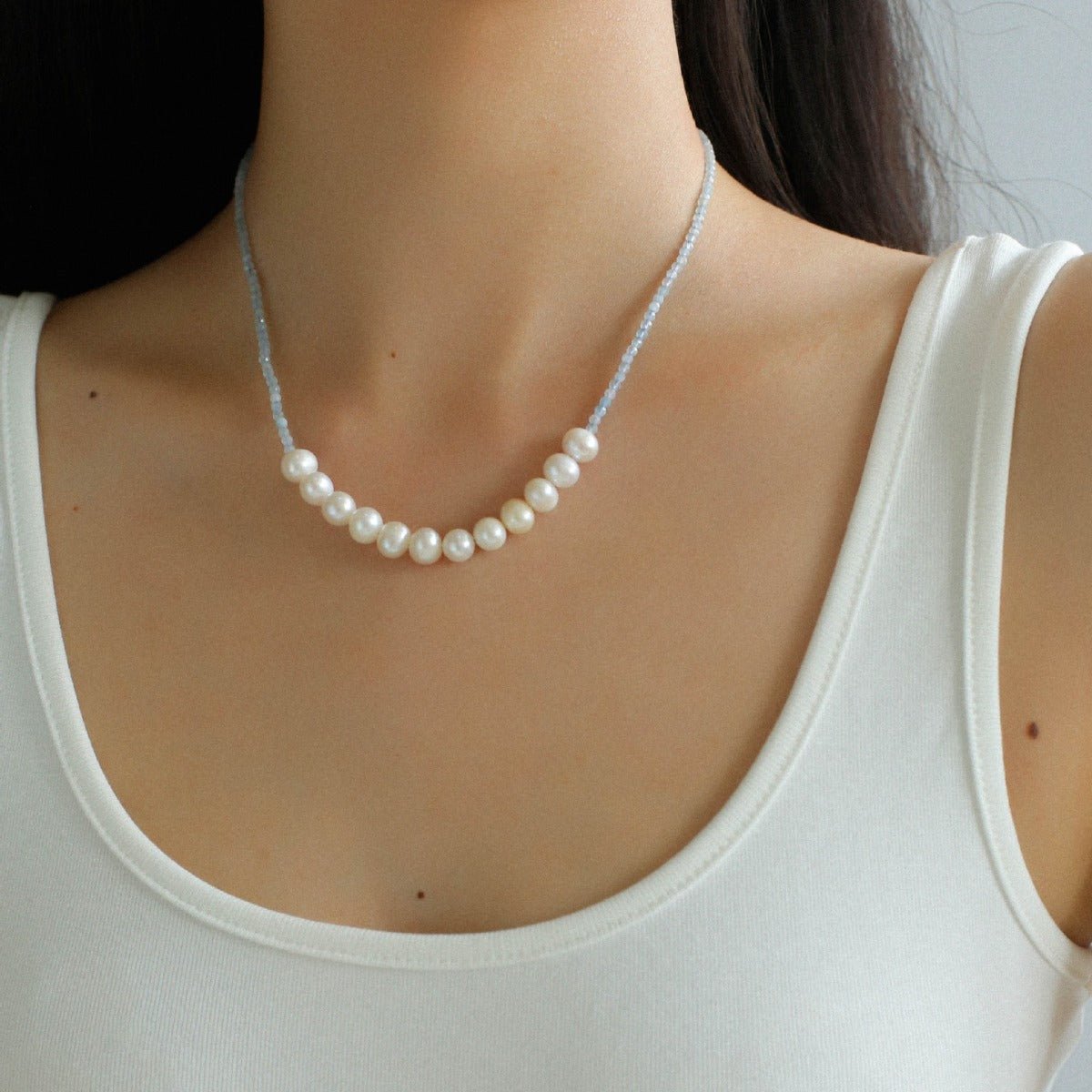 Aquamarine Smile Flat Round Pearl Beaded OT Necklace - floysun
