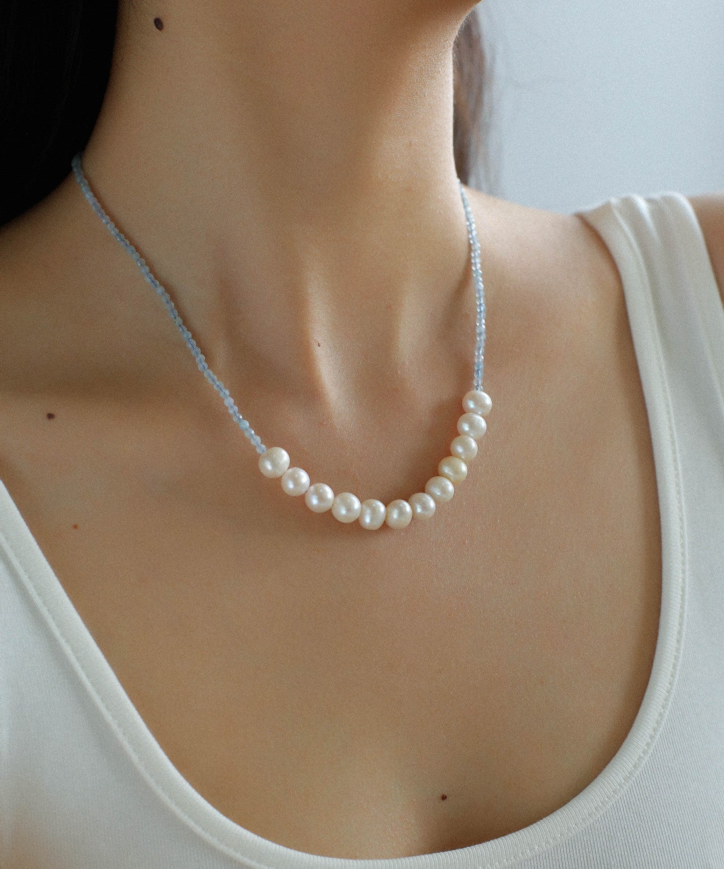 Aquamarine Smile Flat Round Pearl Beaded OT Necklace - floysun