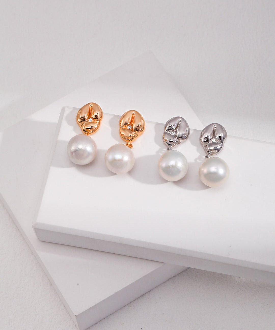 Asymmetrical Textured Pearl Earrings with Zircon Accents - floysun