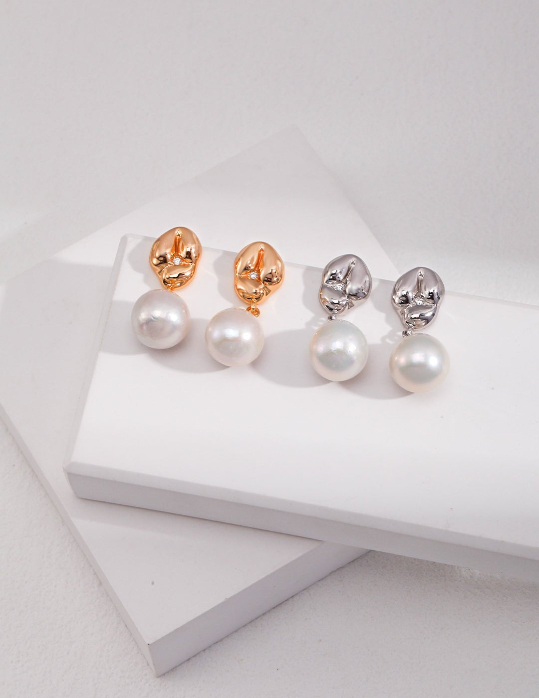 Asymmetrical Textured Pearl Earrings with Zircon Accents - floysun