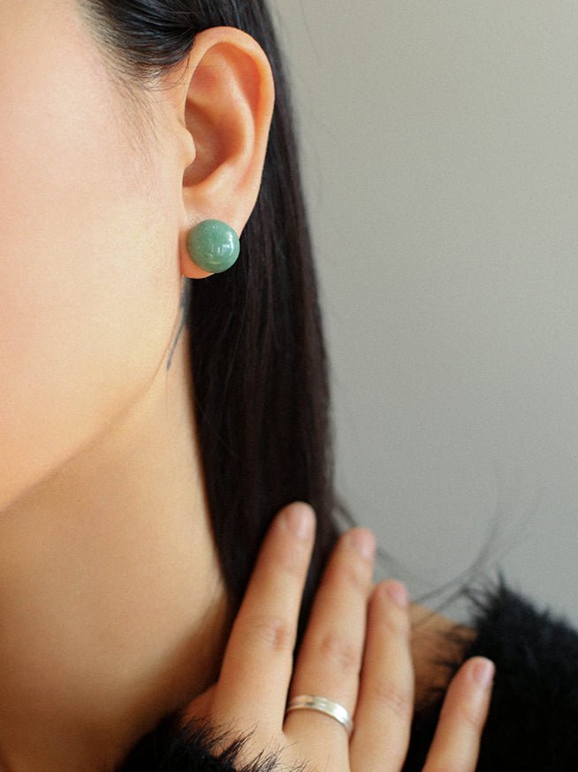 Aventurine Stone Onyx Hemispheric Sterling Silver Stud Earrings - floysun