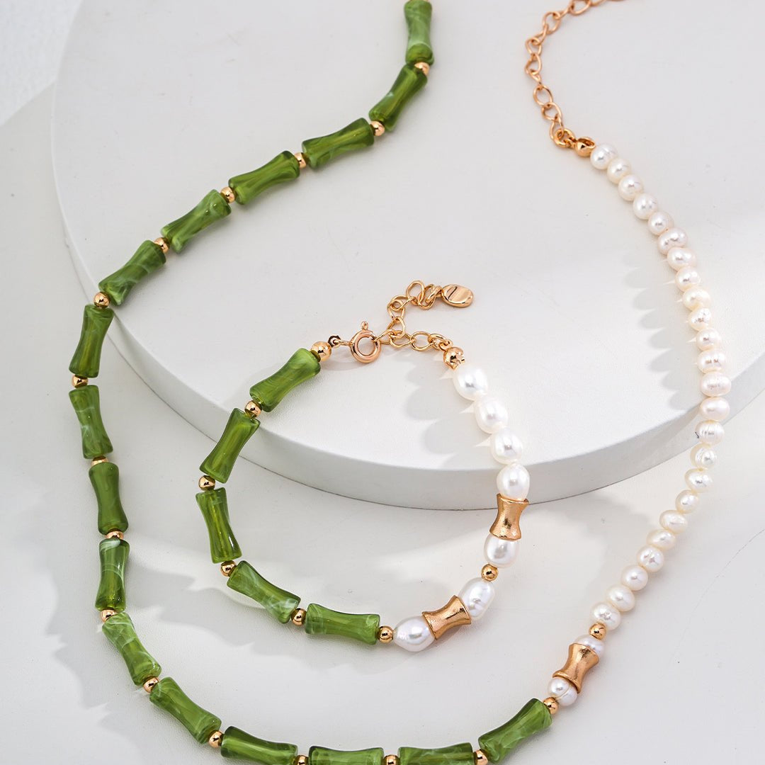 Bamboo - Shaped Gemstone and Pearl Beaded Bracelet - floysun