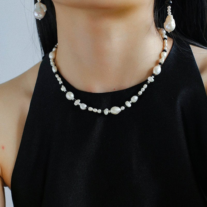 Baroque Pearl and Black Onyx Beaded Necklace - floysun