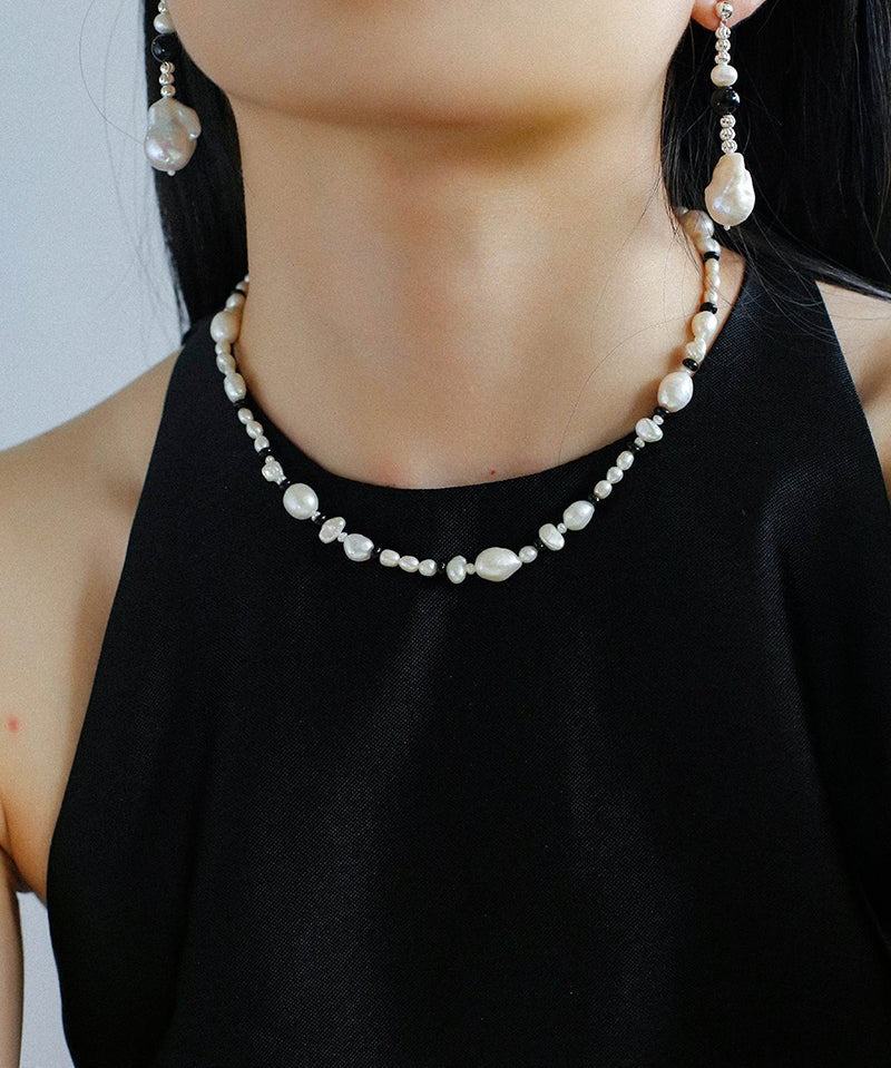 Baroque Pearl and Black Onyx Beaded Necklace - floysun