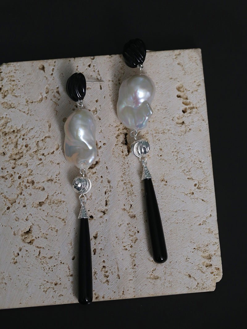 Baroque Pearl Black Onyx Long Teardrop Drop Earrings - floysun