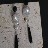 Baroque Pearl Black Onyx Long Teardrop Drop Earrings - floysun