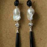 Baroque Pearl Black Onyx Long Teardrop Drop Earrings - floysun