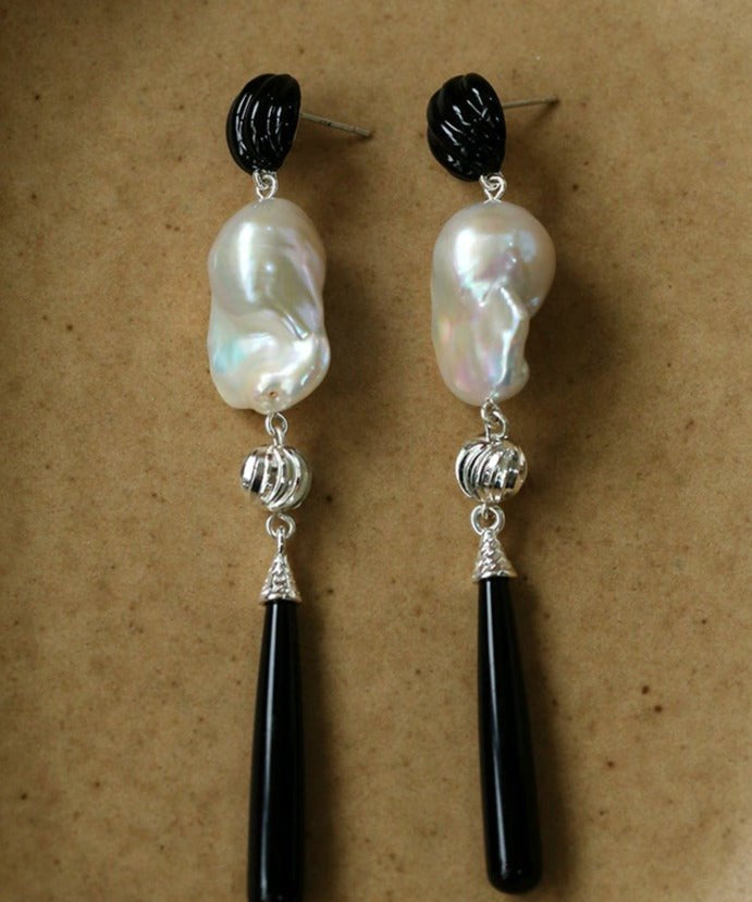 Baroque Pearl Black Onyx Long Teardrop Drop Earrings - floysun