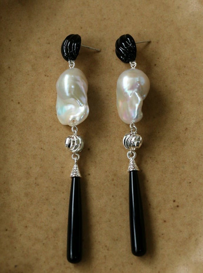 Baroque Pearl Black Onyx Long Teardrop Drop Earrings - floysun