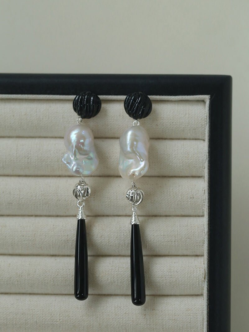 Baroque Pearl Black Onyx Long Teardrop Drop Earrings - floysun