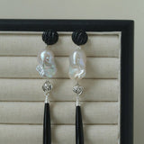 Baroque Pearl Black Onyx Long Teardrop Drop Earrings - floysun