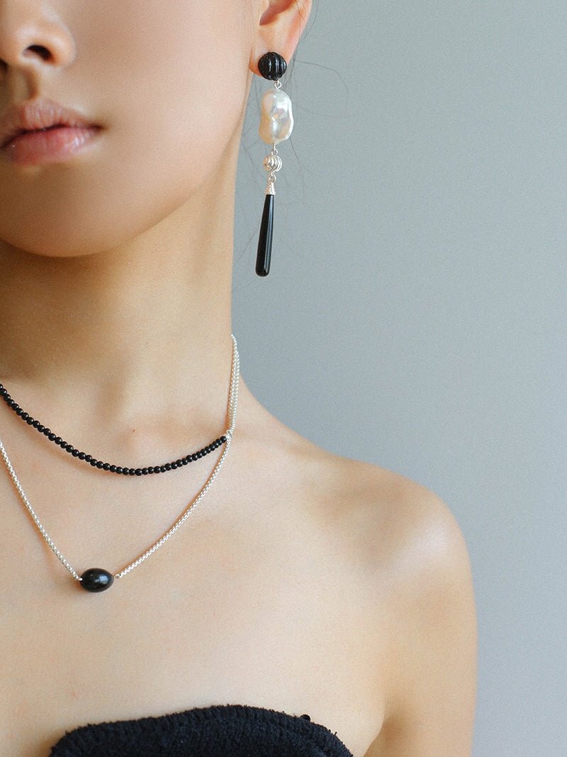 Baroque Pearl Black Onyx Long Teardrop Drop Earrings - floysun