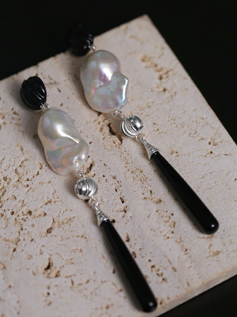 Baroque Pearl Black Onyx Long Teardrop Drop Earrings - floysun