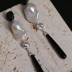 Baroque Pearl Black Onyx Long Teardrop Drop Earrings - floysun