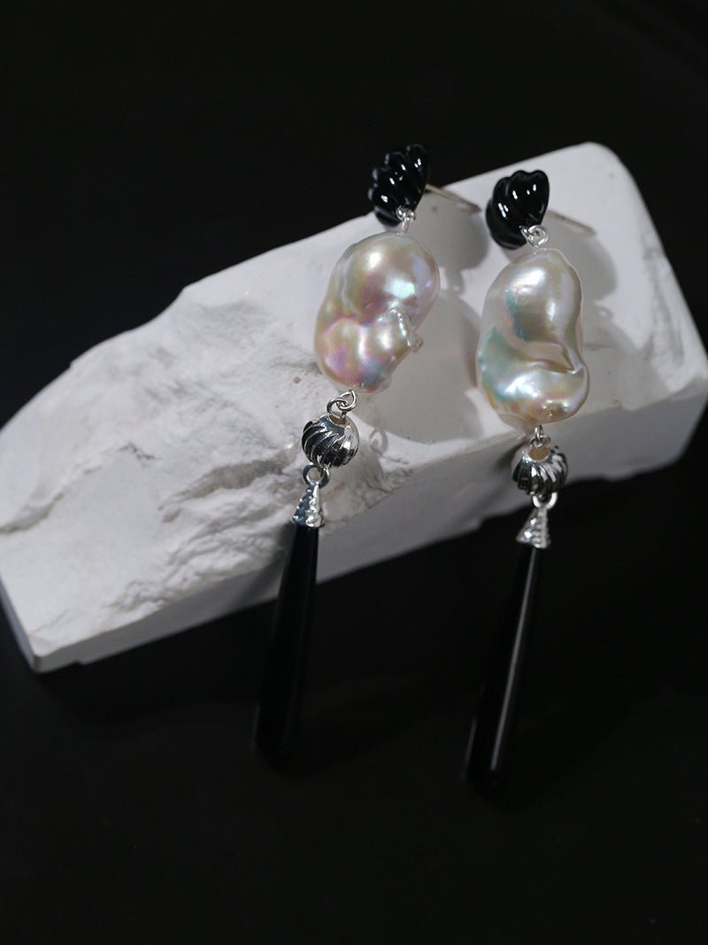 Baroque Pearl Black Onyx Long Teardrop Drop Earrings - floysun