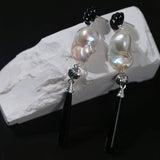 Baroque Pearl Black Onyx Long Teardrop Drop Earrings - floysun