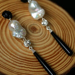 Baroque Pearl Black Onyx Long Teardrop Drop Earrings - floysun