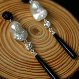 Baroque Pearl Black Onyx Long Teardrop Drop Earrings - floysun