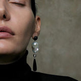 Baroque Pearl Black Onyx Long Teardrop Drop Earrings - floysun