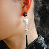 Baroque Pearl Black Onyx Long Teardrop Drop Earrings - floysun