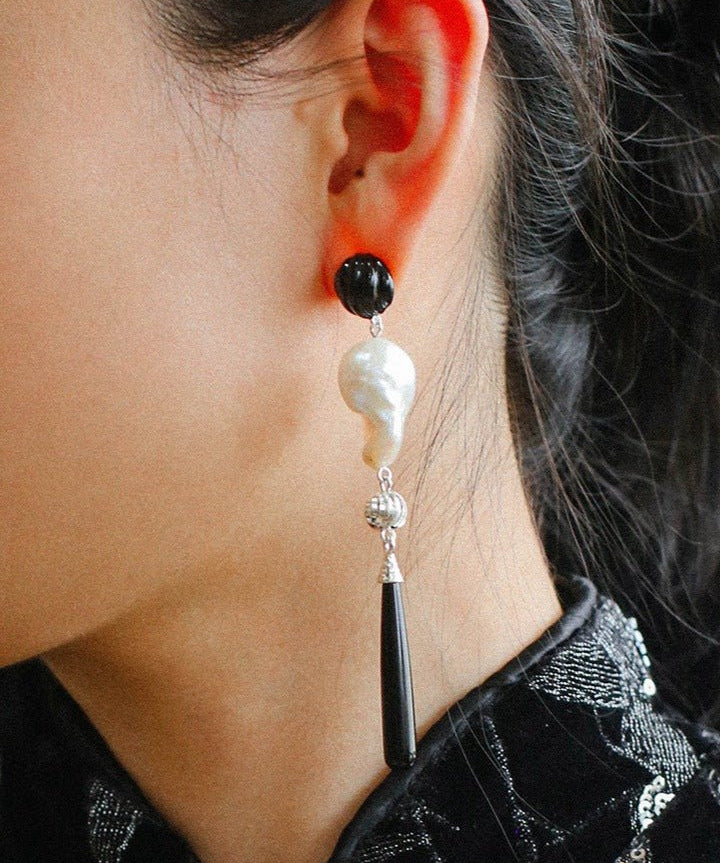 Baroque Pearl Black Onyx Long Teardrop Drop Earrings - floysun