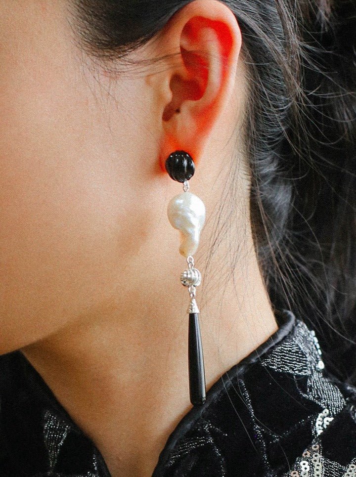 Baroque Pearl Black Onyx Long Teardrop Drop Earrings - floysun