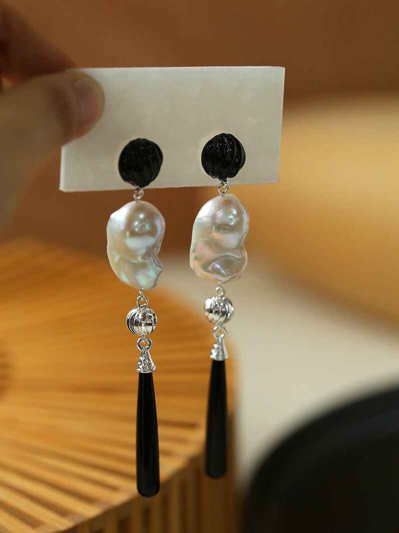 Baroque Pearl Black Onyx Long Teardrop Drop Earrings - floysun