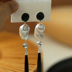 Baroque Pearl Black Onyx Long Teardrop Drop Earrings - floysun