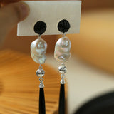 Baroque Pearl Black Onyx Long Teardrop Drop Earrings - floysun