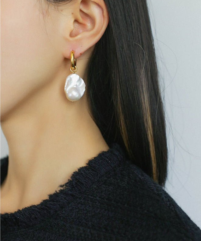 Baroque Pearl Drop Hoop Earrings - floysun