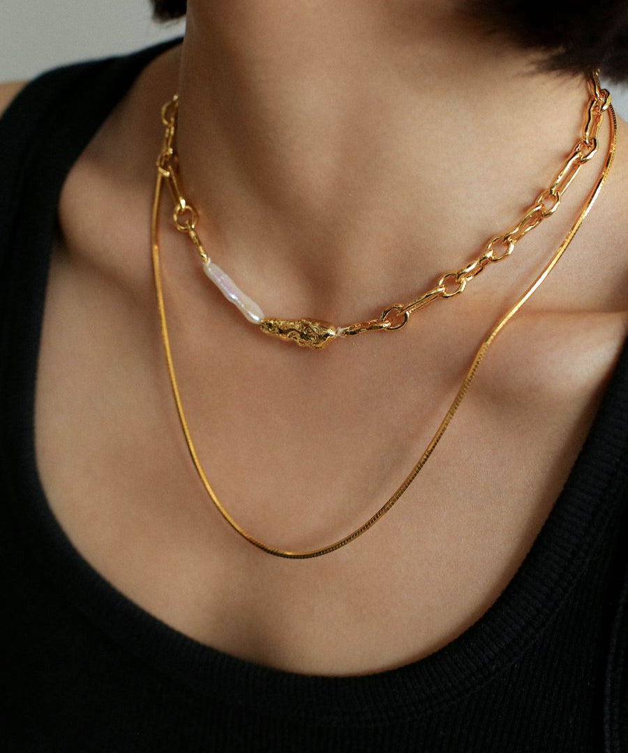 Baroque Pearl Metal Chain Necklace - floysun