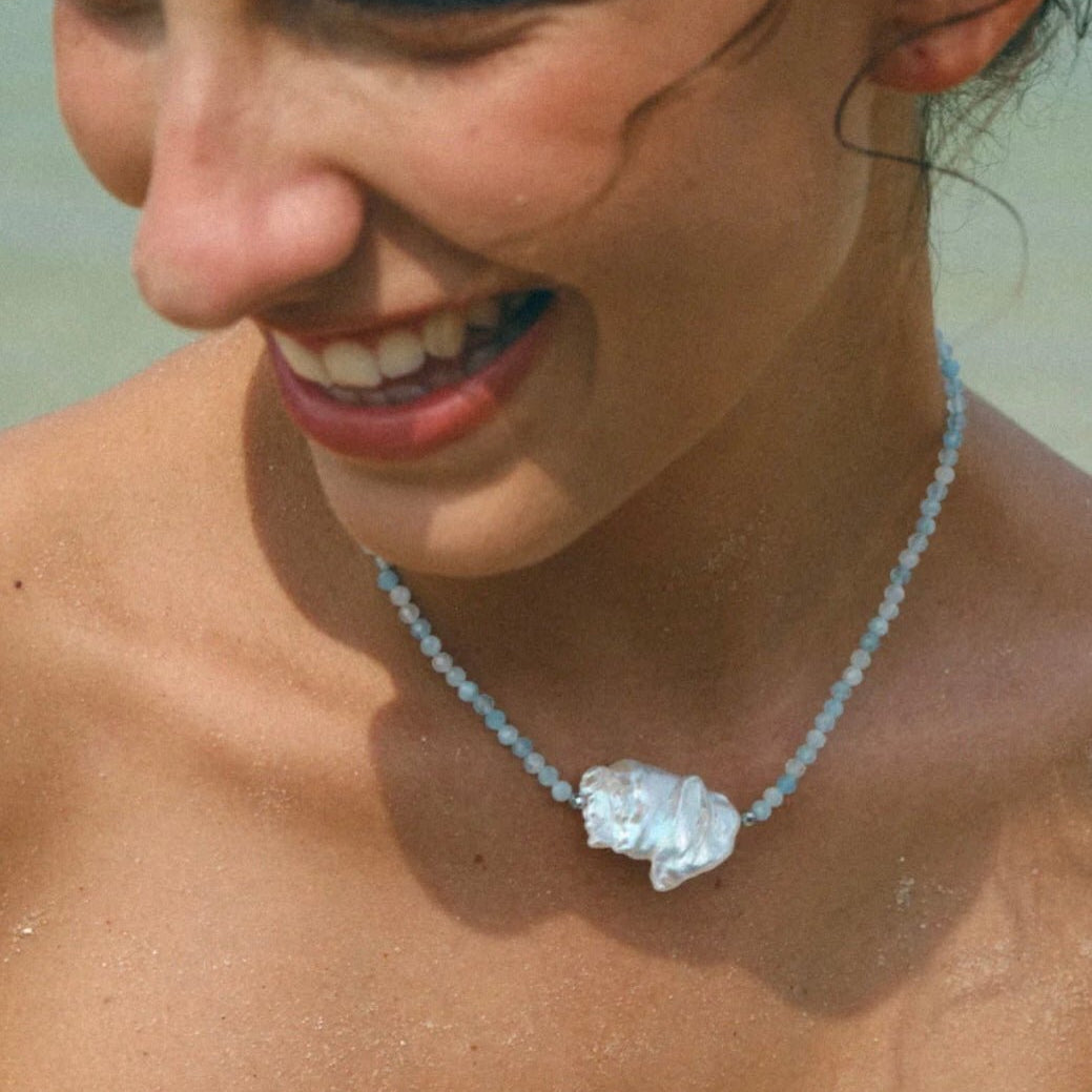 Baroque Pearl Pendant Aquamarine Beaded Necklace - floysun