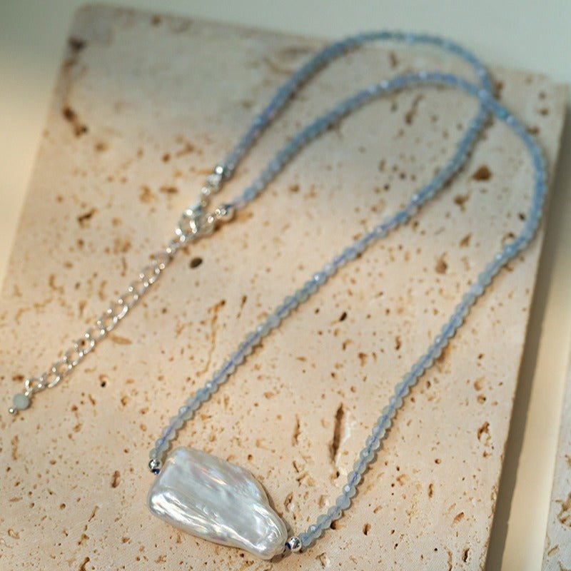 Baroque Pearl Pendant Aquamarine Beaded Necklace - floysun