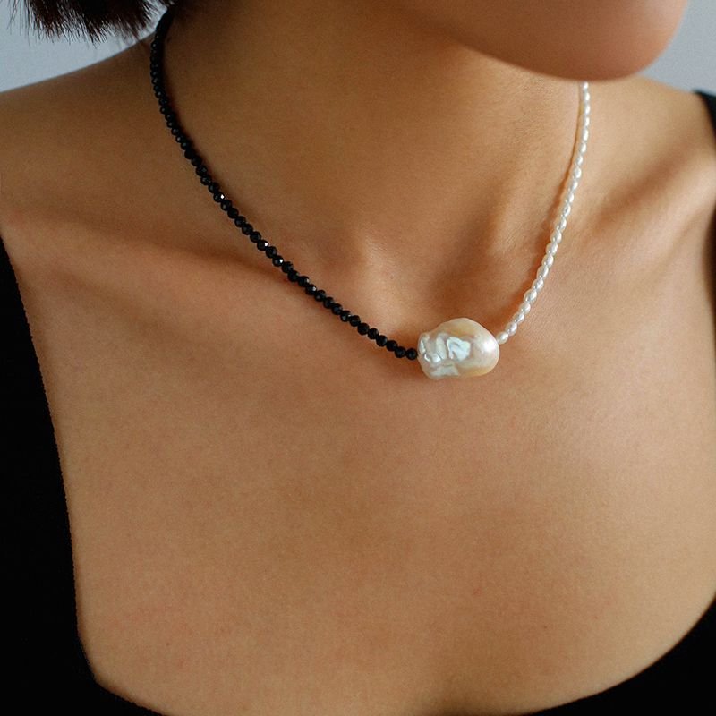 Baroque Pearl Stitching Black Spinel Freshwater Pearl Necklace - floysun