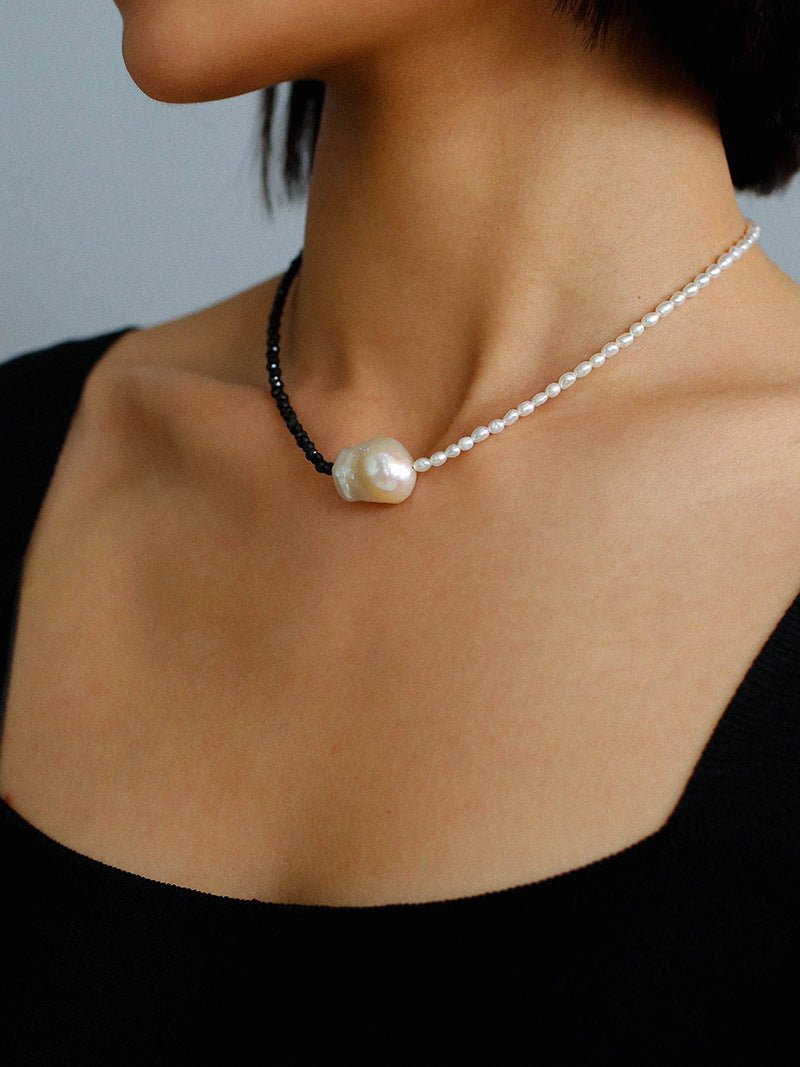 Baroque Pearl Stitching Black Spinel Freshwater Pearl Necklace - floysun