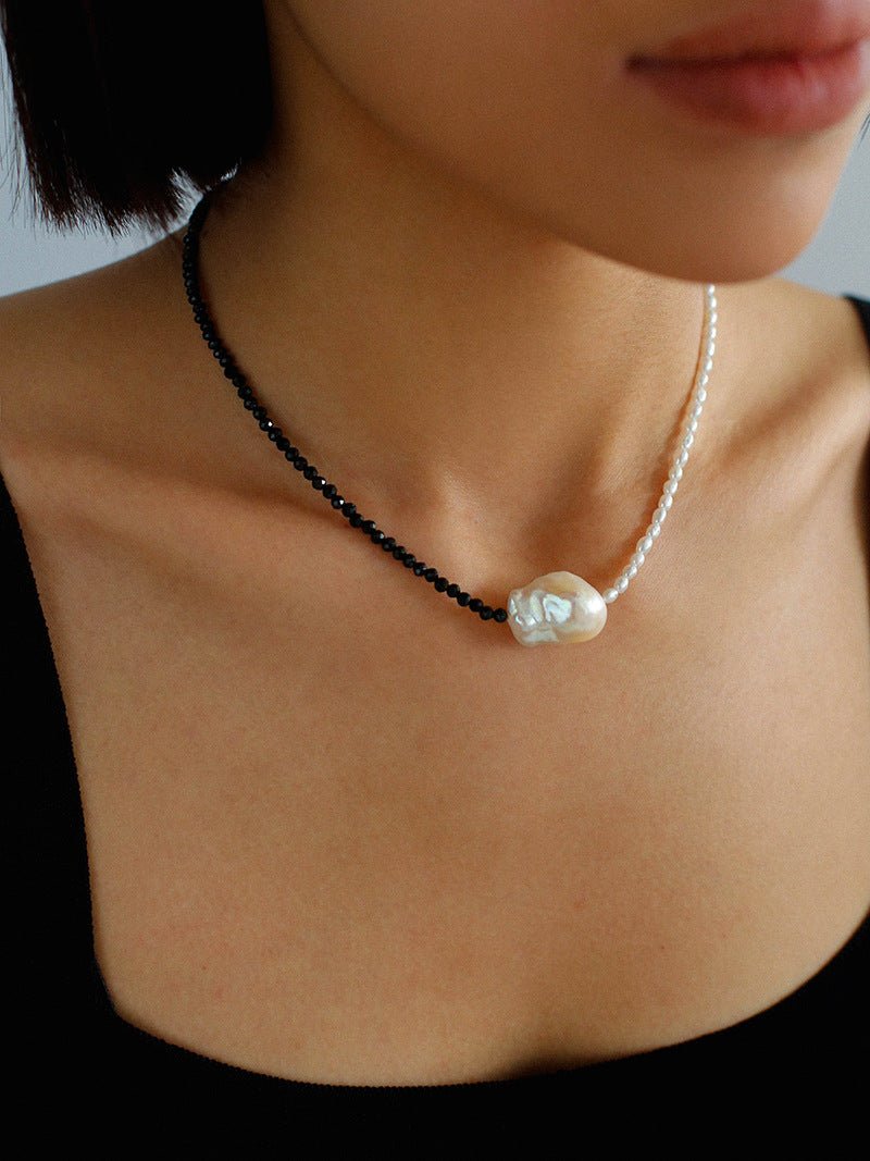 Baroque Pearl Stitching Black Spinel Freshwater Pearl Necklace - floysun