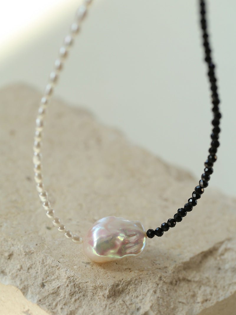 Baroque Pearl Stitching Black Spinel Freshwater Pearl Necklace - floysun