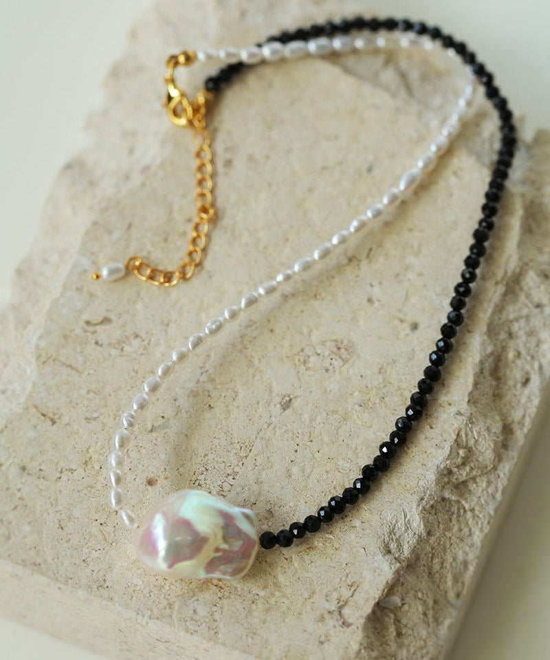 Baroque Pearl Stitching Black Spinel Freshwater Pearl Necklace - floysun