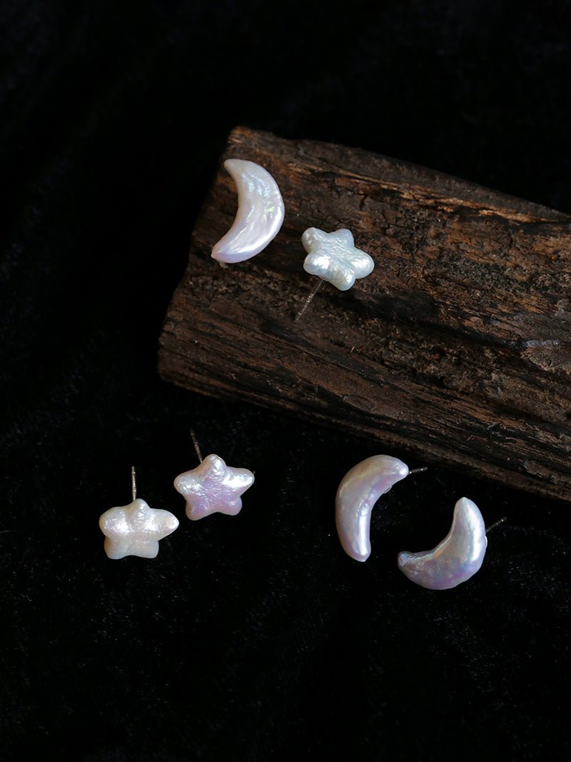 Baroque Pearl Stud Earrings Star Moon & Button Designs - floysun