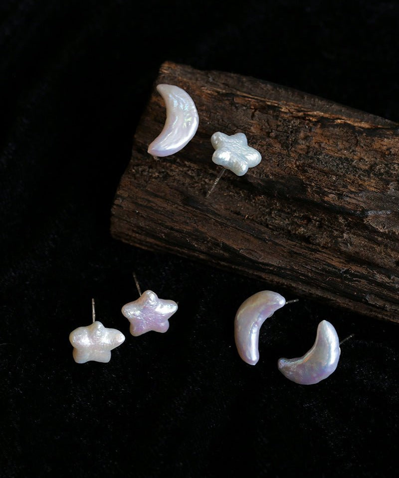 Baroque Pearl Stud Earrings Star Moon & Button Designs - floysun