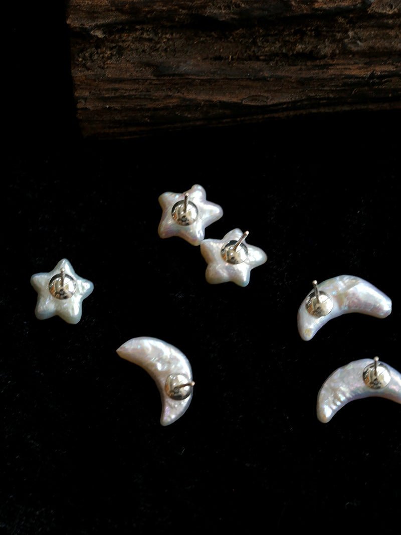 Baroque Pearl Stud Earrings Star Moon & Button Designs - floysun