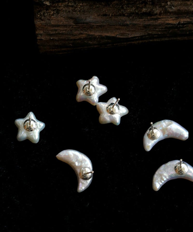 Baroque Pearl Stud Earrings Star Moon & Button Designs - floysun