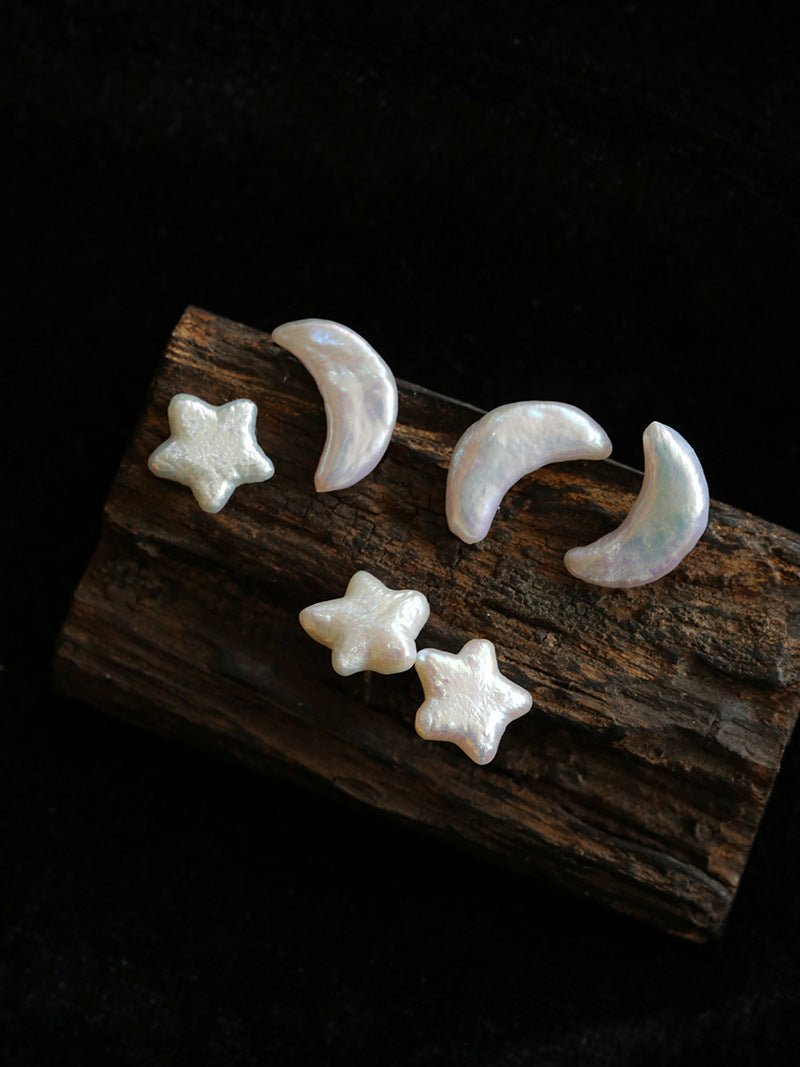 Baroque Pearl Stud Earrings Star Moon & Button Designs - floysun