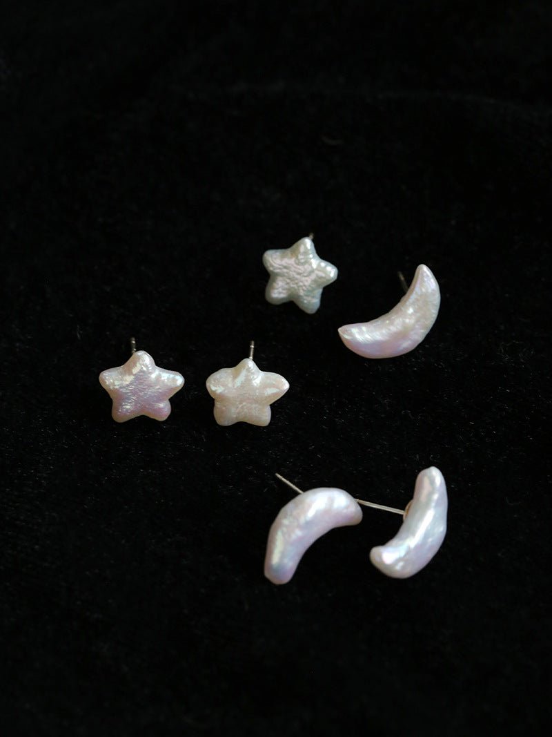 Baroque Pearl Stud Earrings Star Moon & Button Designs - floysun