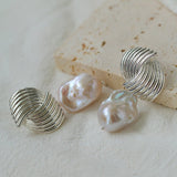 Baroque Pearl Twisted Metal Stripe Texture Earrings - floysun