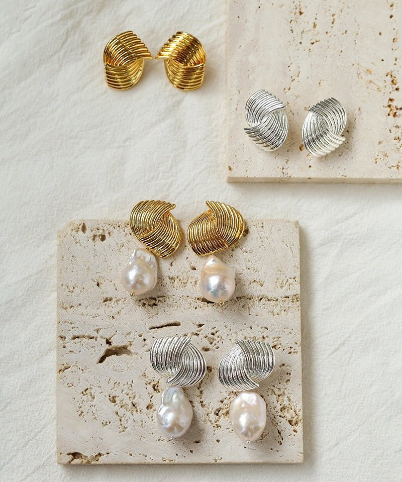 Baroque Pearl Twisted Metal Stripe Texture Earrings - floysun