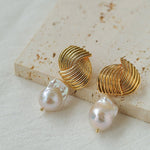 Baroque Pearl Twisted Metal Stripe Texture Earrings - floysun